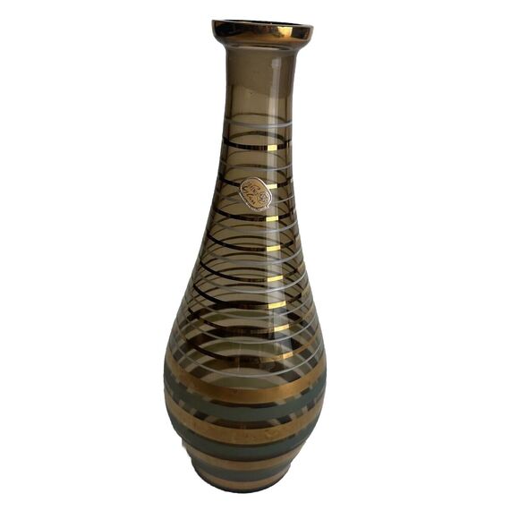 bohemia glass czechoslovakia MCM Smokey Brown Gold Striped Glass decanter Vase - Picture 1 of 6